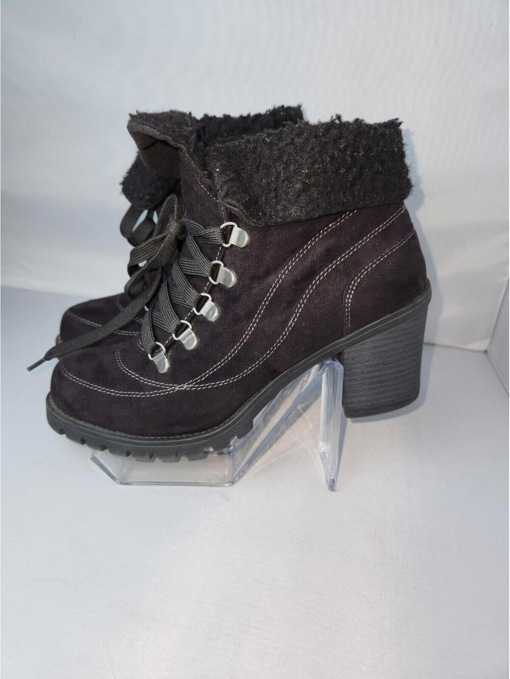 Jelly Pop Black Suede Lace-Up Ankle Boots with Faux Fur Cuff and Block Heel - Picture 12 of 14
